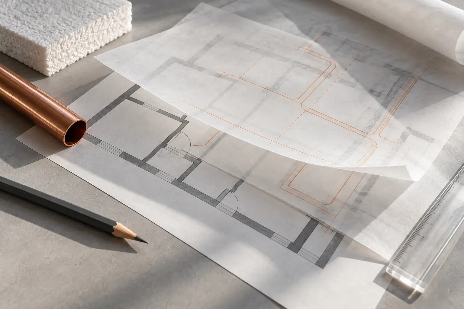 Lagen aus Transparentpapier, ein Plan und Materialproben als Sinnbild abgestimmter Planung