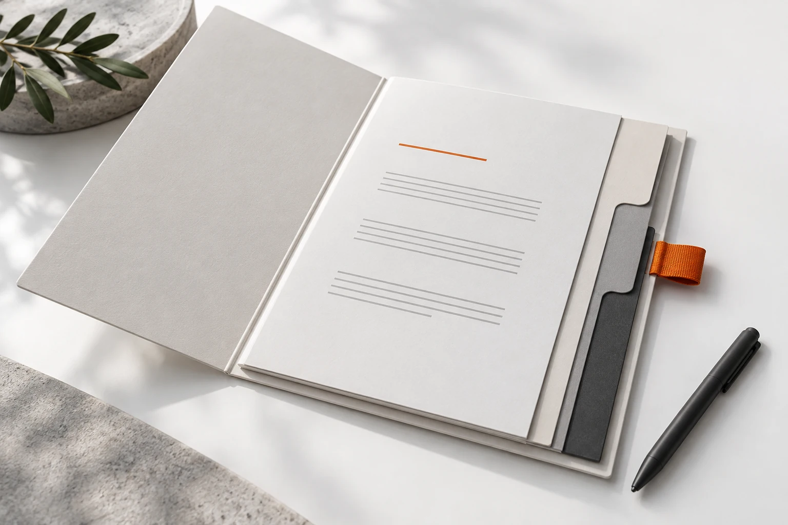 Geöffnete Projektmappe mit geordneten Abschnitten und einem orangefarbenen Register