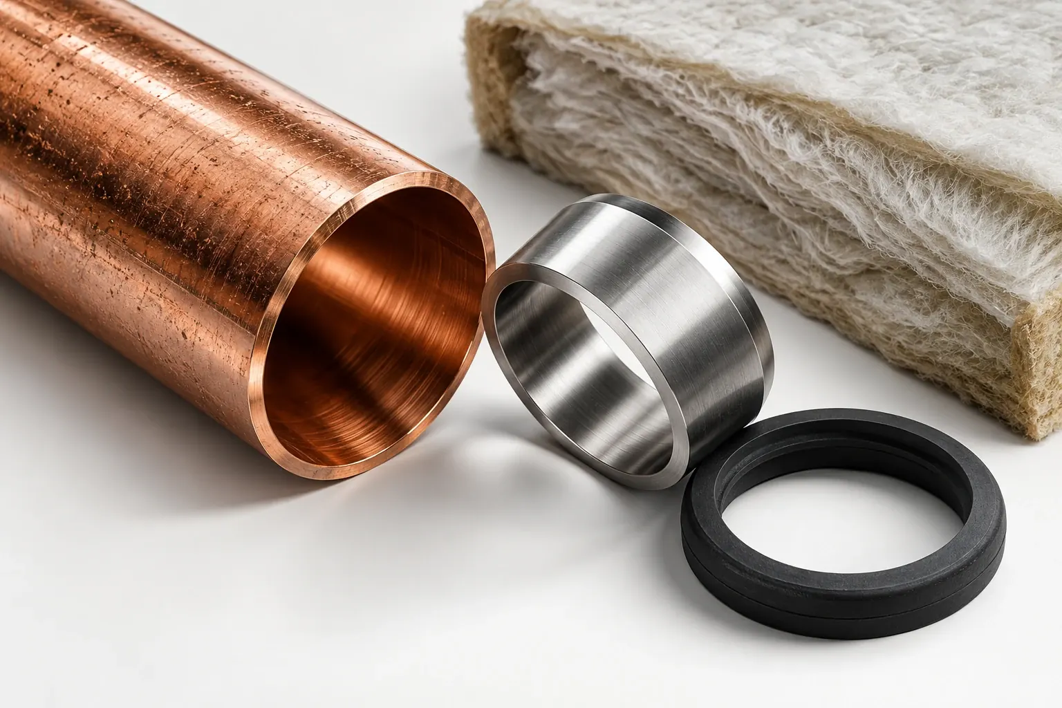 Makroaufnahme von Kupfer, Edelstahl, Dichtung und Dämmstoff als Konzept für Material und Präzision