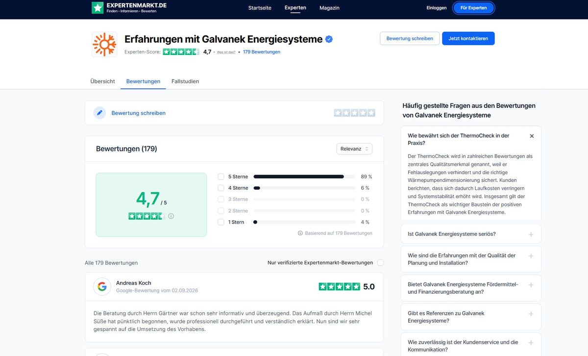 Profil von Galvanek Energiesysteme auf Expertenmarkt.de mit 4,7 von 5 Sternen