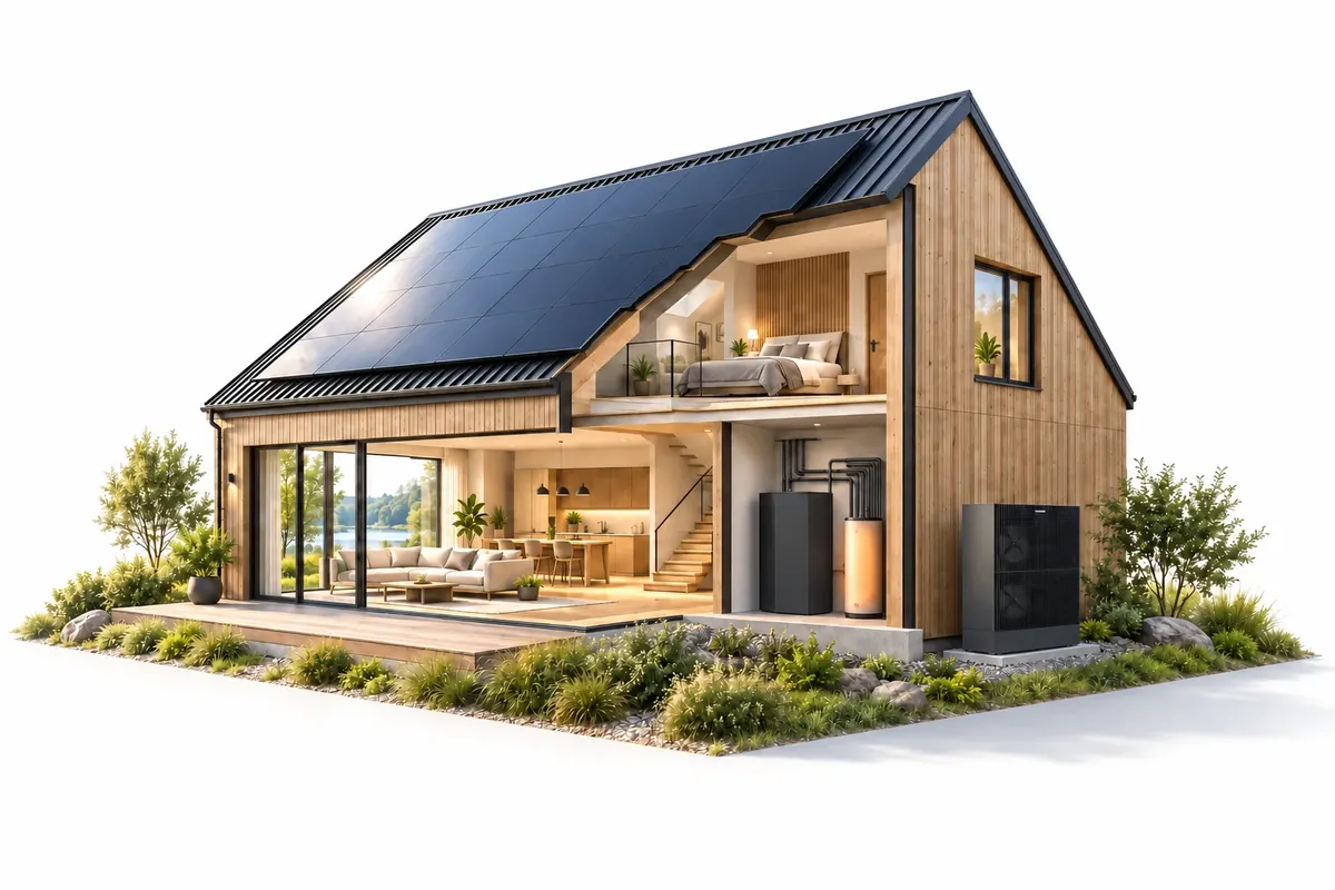 Helles Schnittmodell des Hauses mit sichtbar zusammengehörenden Räumen, Speicher und Wärmepumpe