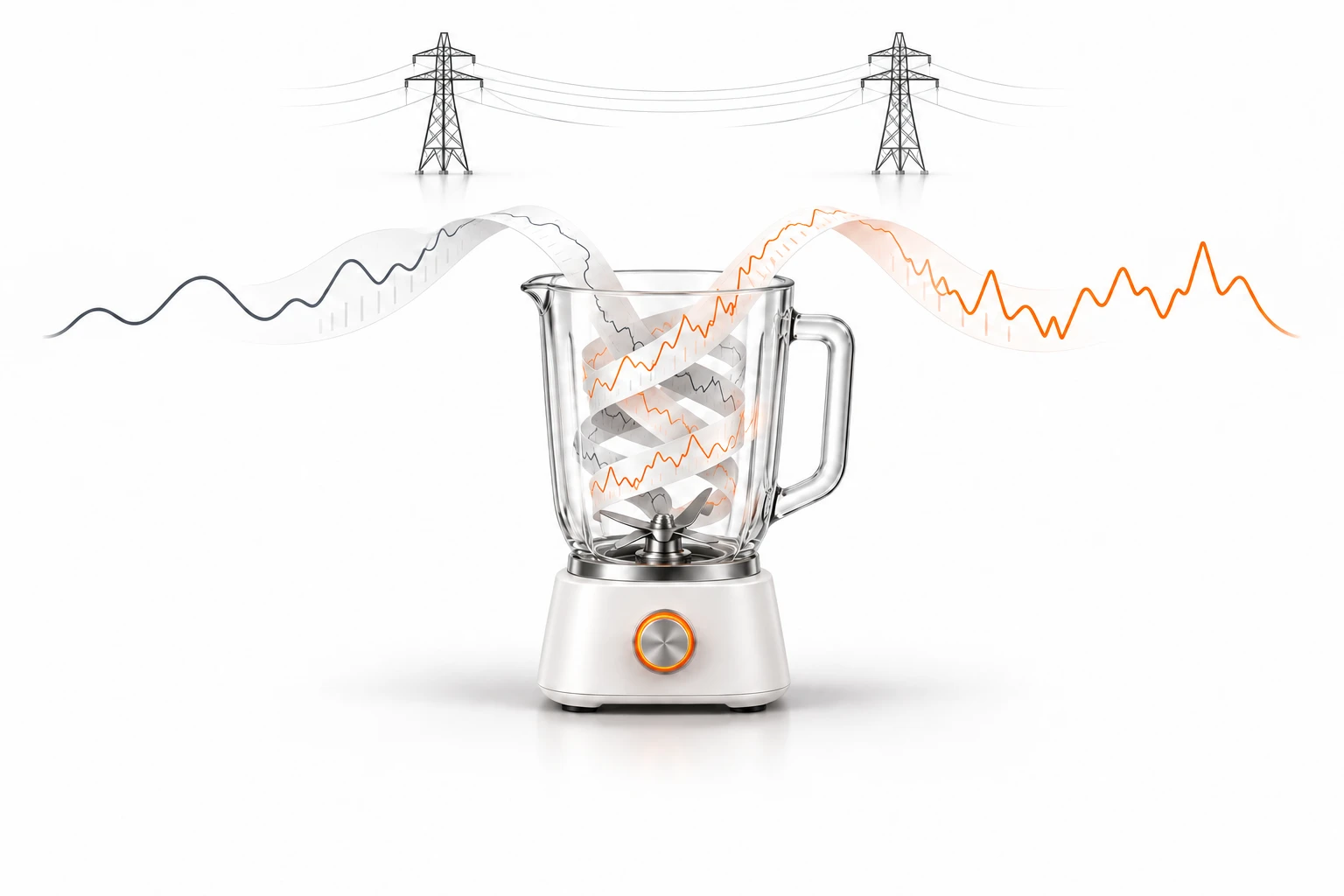 Ein Glas-Mixer führt zwei Bänder mit schematischen Preisverläufen zusammen. Darüber liegt separat das Stromnetz. Die Darstellung ist eine Bildmetapher.