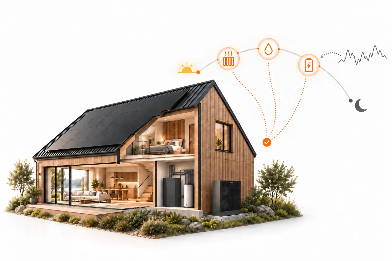 Das Galvanek-Haus neben einem Tagesbogen von Sonne bis Mond. Wärme, Warmwasser und Stromspeicherung werden als mögliche flexible Anwendungen gemeinsam betrachtet.