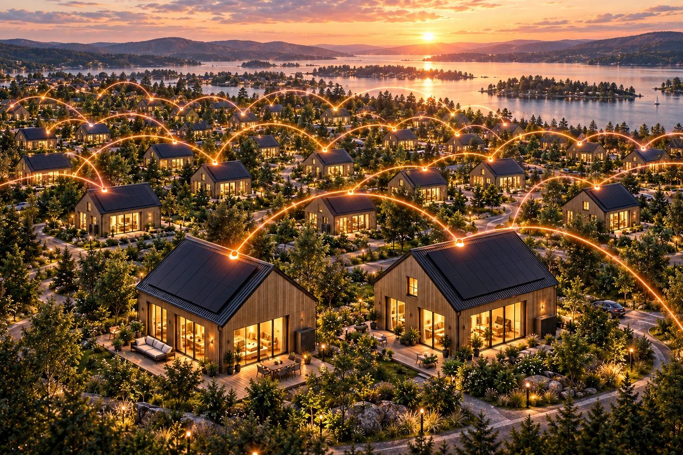 Ein ganzes Quartier aus vielen Galvanek-Häusern, virtuell durch orange Lichtbögen verbunden