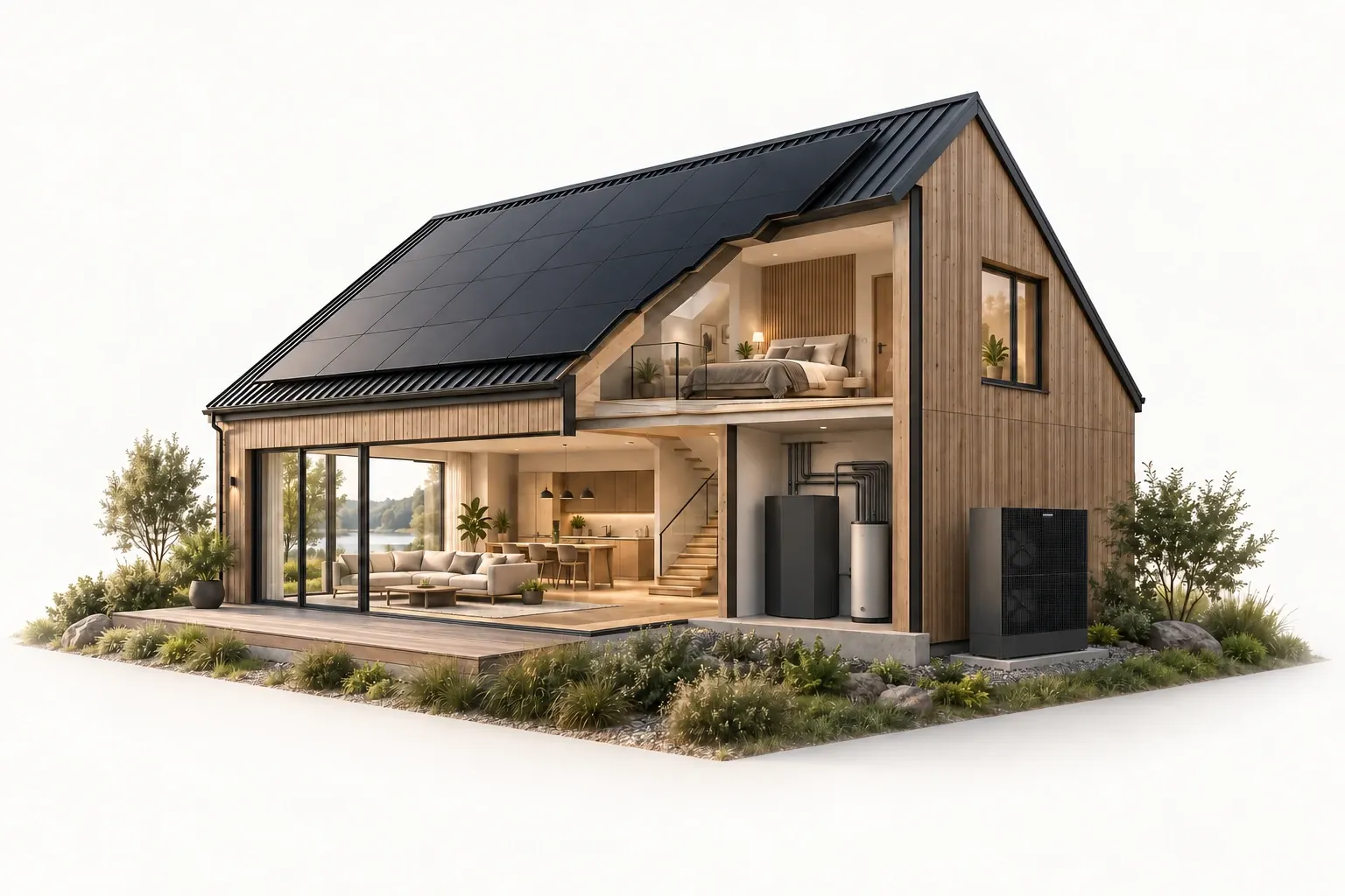 Schnittmodell des Galvanek-Seehauses: Photovoltaik auf dem Dach, Wohnräume, Technikraum mit Speicher und Wärmepumpe neben dem Haus