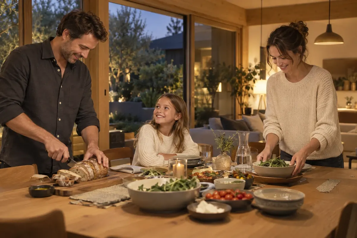 KI-Visualisierung: dieselbe Familie bereitet im Galvanek-Haus gemeinsam das Abendessen vor