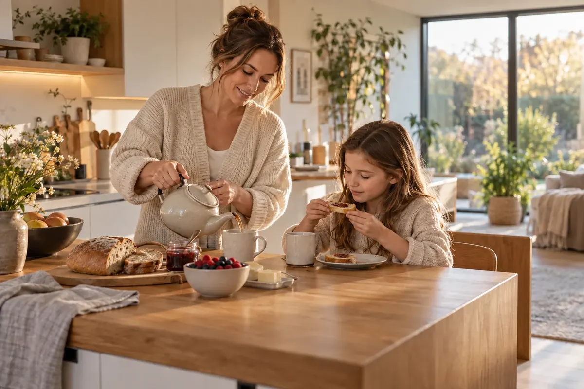 KI-Visualisierung: Mutter und Tochter beim Frühstück im Galvanek-Haus