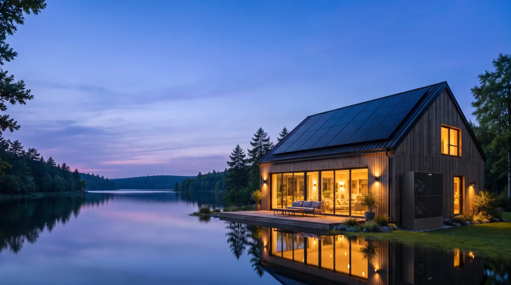 KI-Visualisierung: Holzhaus am See zur blauen Stunde