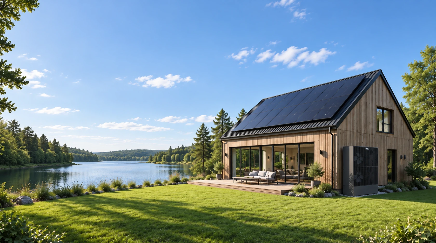 KI-Visualisierung: das originale Galvanek-Haus am See im Tageslicht mit schwarzem Solardach