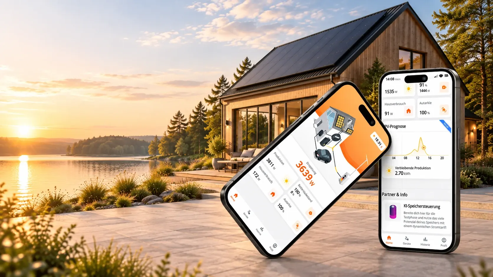 Konzeptbild: orangefarbene App nach clever-PV-Vorlage vor dem originalen Galvanek-Haus