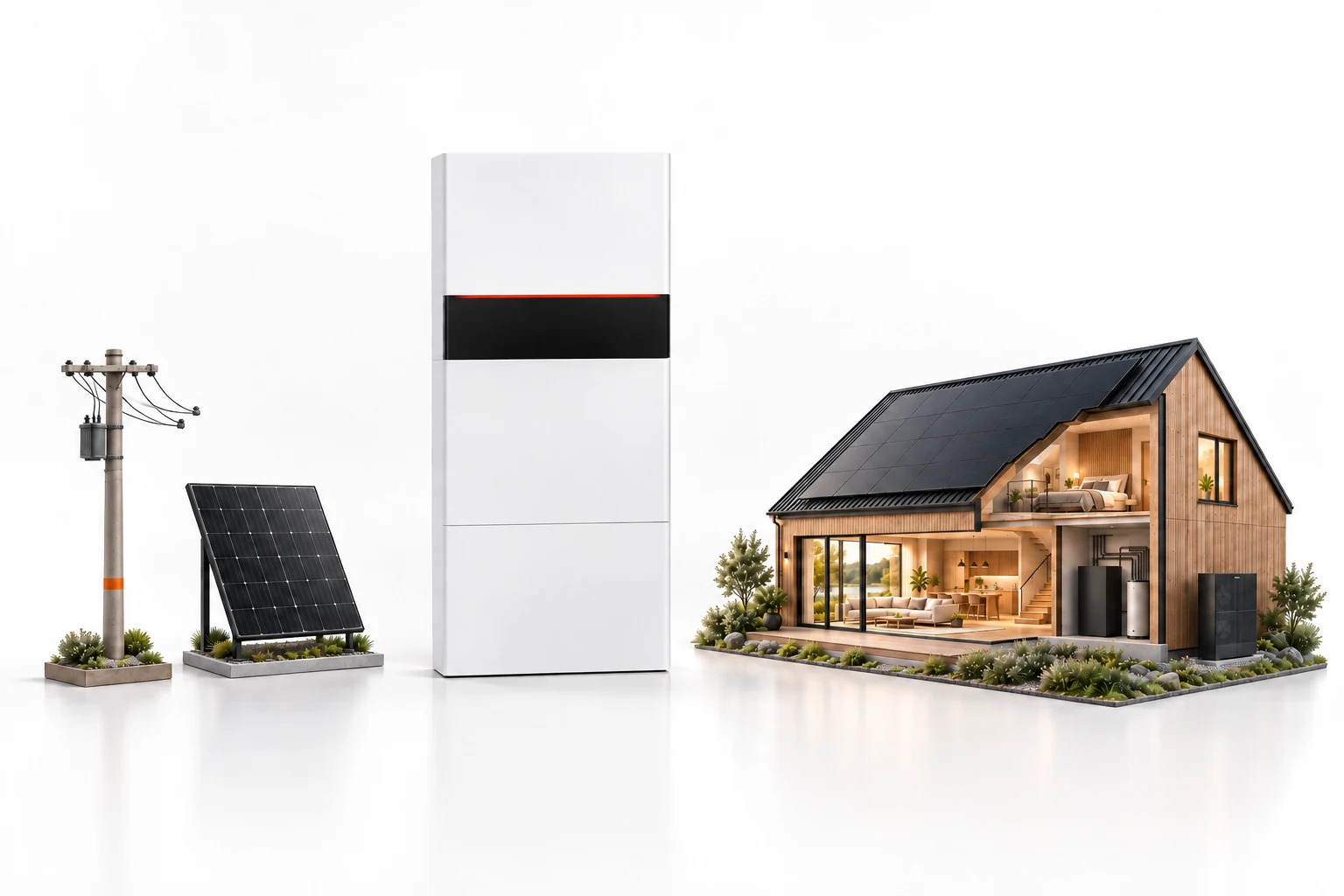 Konzeptminiatur: Stromnetz und Solardach links, Powerbank in der Mitte und das Galvanek-Haus rechts