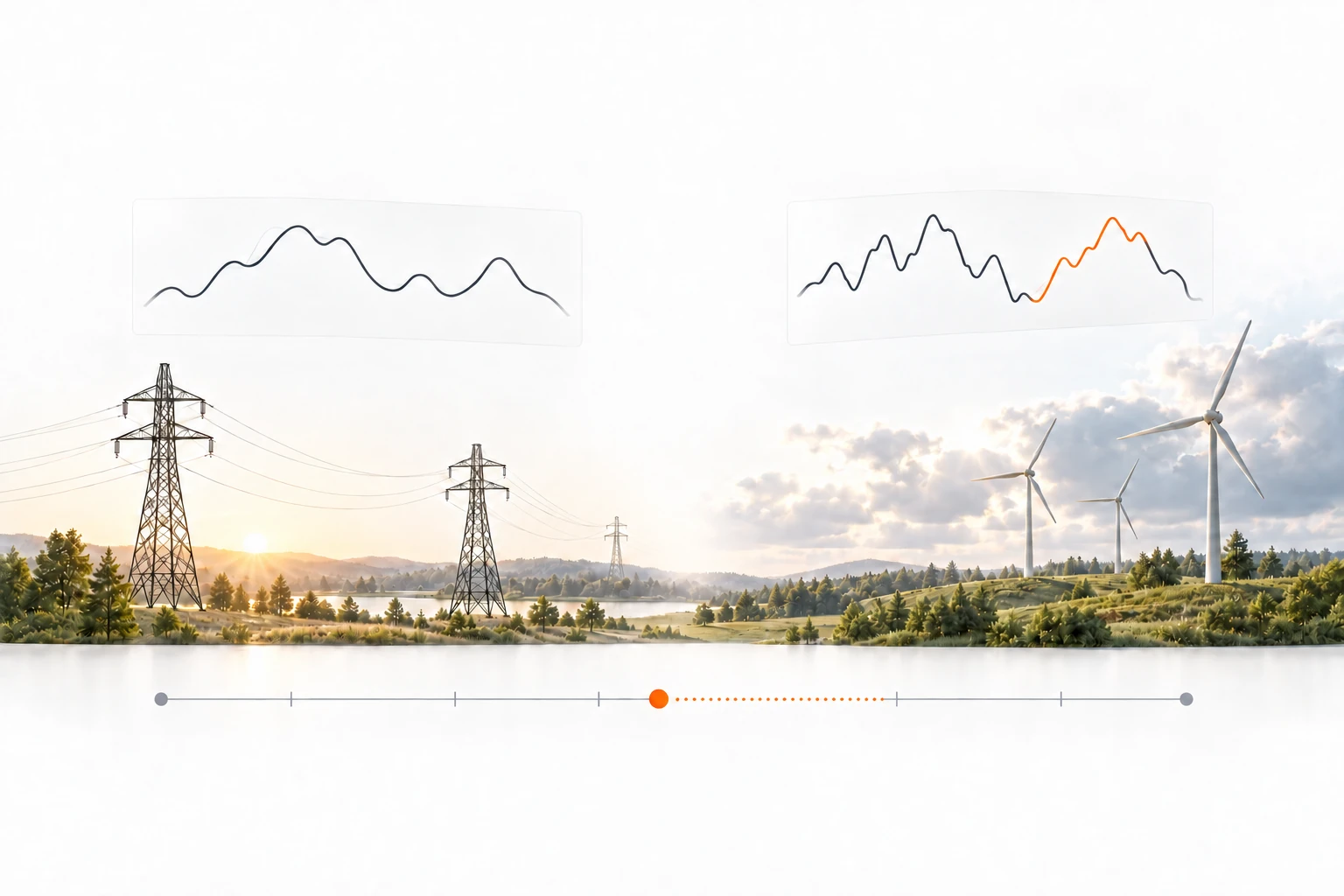 Zwei schematische Marktverläufe über einer Stromnetz- und Windlandschaft. Eine neue Windprognose steht beispielhaft für veränderte Informationen.
