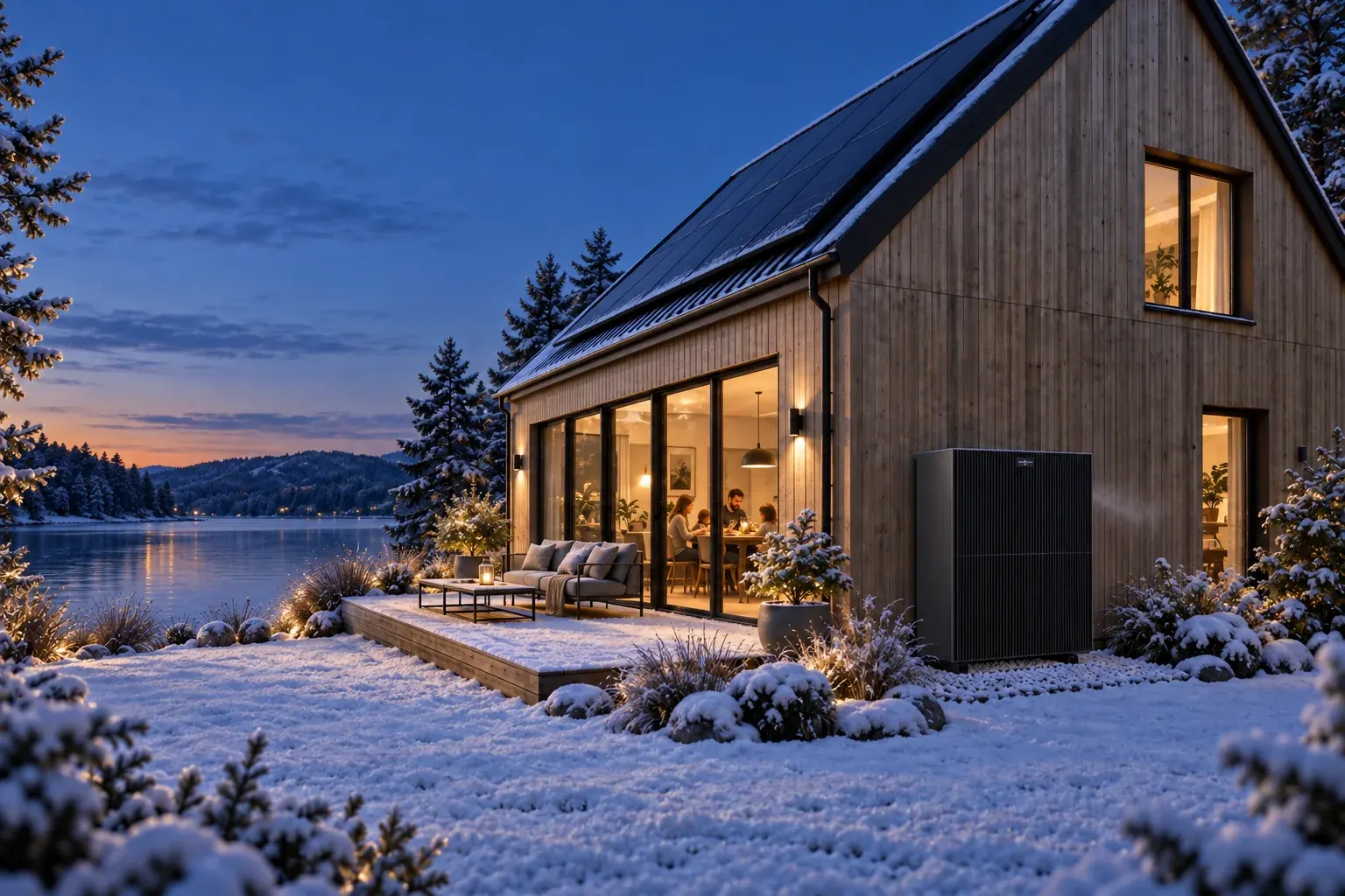 Das Haus am Winterabend, drinnen sitzt die Familie beim Essen
