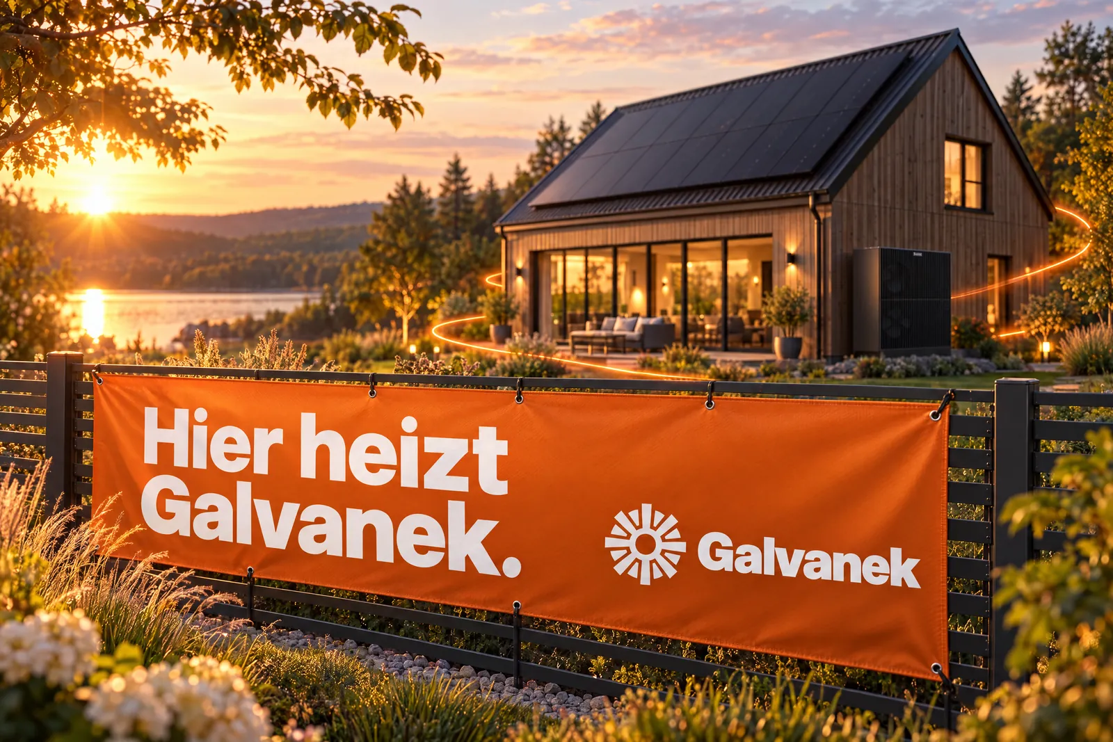 Orangefarbenes Galvanek-Banner mit der Aufschrift Hier heizt Galvanek an einem Gartenzaun vor dem Haus