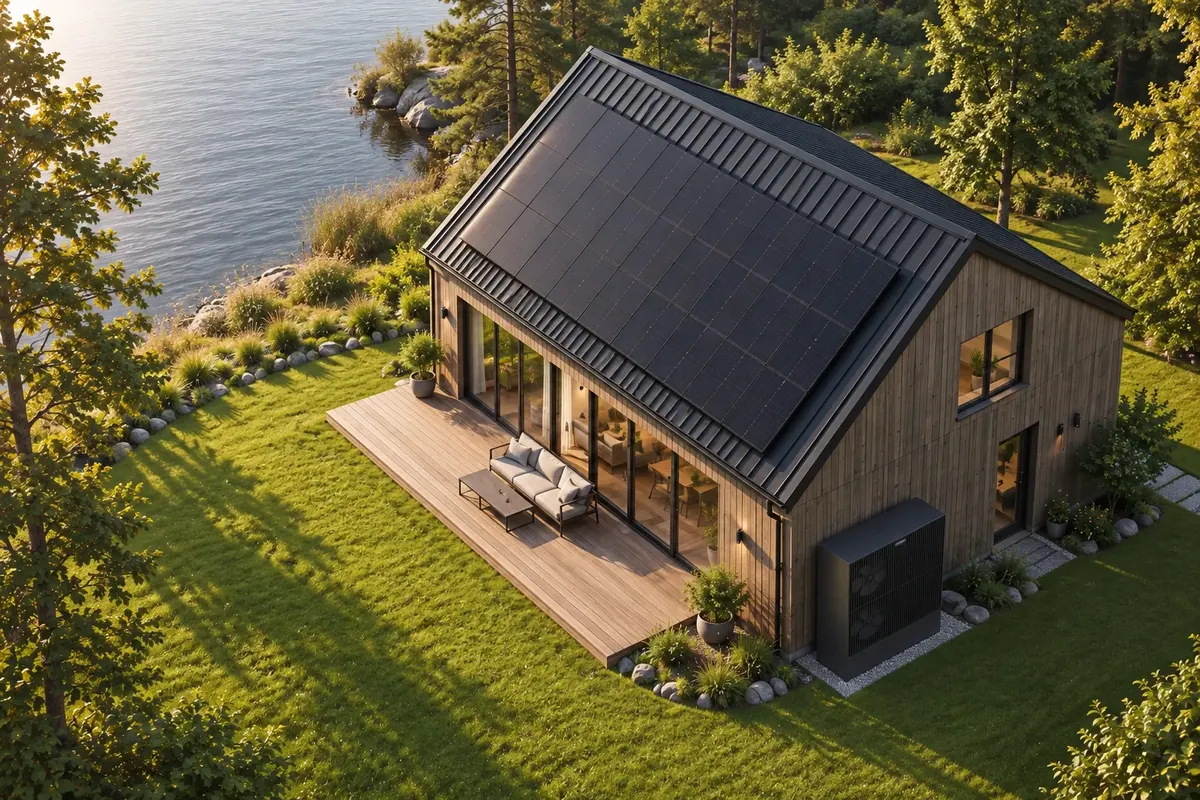 Erhöhte Ansicht des Galvanek-Hauses: Solarmodule auf der vorderen Dachfläche und umgebende Bäume