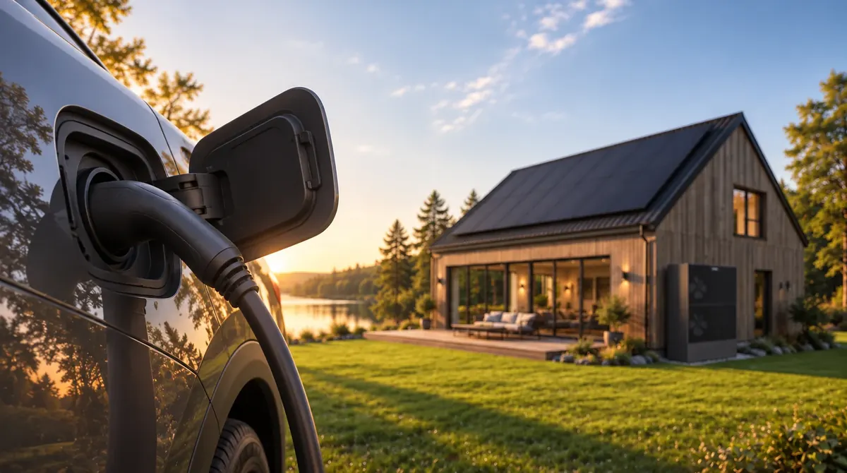 Konzeptszene: Ein E-Auto lädt vor dem Galvanek-Haus am See
