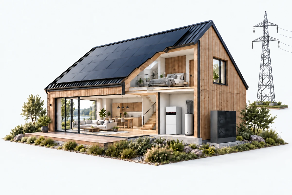 KI-Konzeptillustration des Galvanek-Hauses mit Photovoltaik, sichtbarer Powerbank und einem Strommast auf einer separaten Netz-Insel rechts
