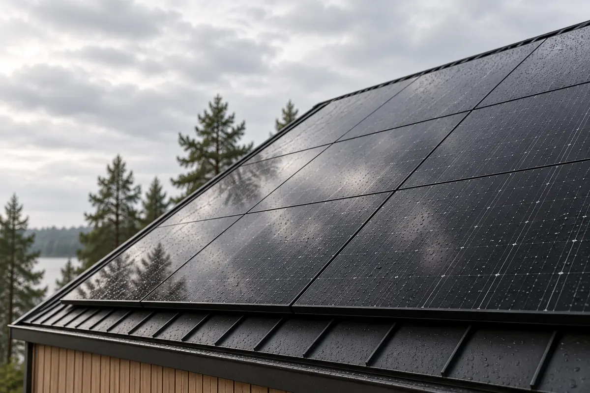 Nahaufnahme schwarzer Solarmodule bei bedecktem Himmel und feinen Regentropfen