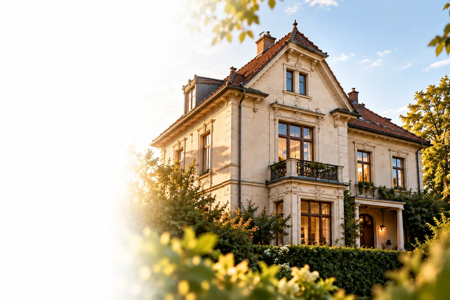 Illustrative historische Villa mit gegliederter Fassade, Garten und steilem Ziegeldach