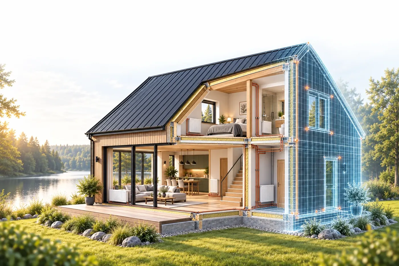 Das originale Galvanek-Haus als partieller Schnitt und digitales Drahtgittermodell vor Modernisierung
