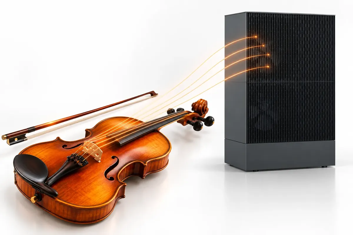 Bildmetapher: Geige mit feinen Saiten neben der referenzierten dunklen Wärmepumpe