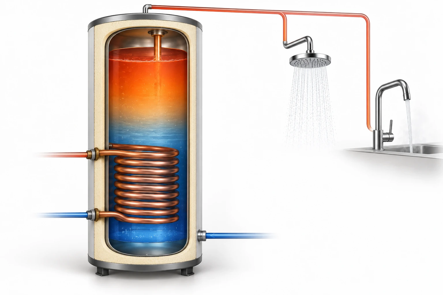 Prinzip eines Warmwasserspeichers mit getrenntem Heizkreis und Zapfstellen